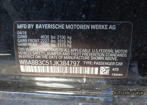 2018 BMW 340I from USA, damaged, VIN WBA8B3C51JK384797